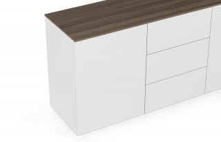 Buffet WHITY 2 blanc mat 180cm 2 portes/3 tiroirs Plateau en bois noyer